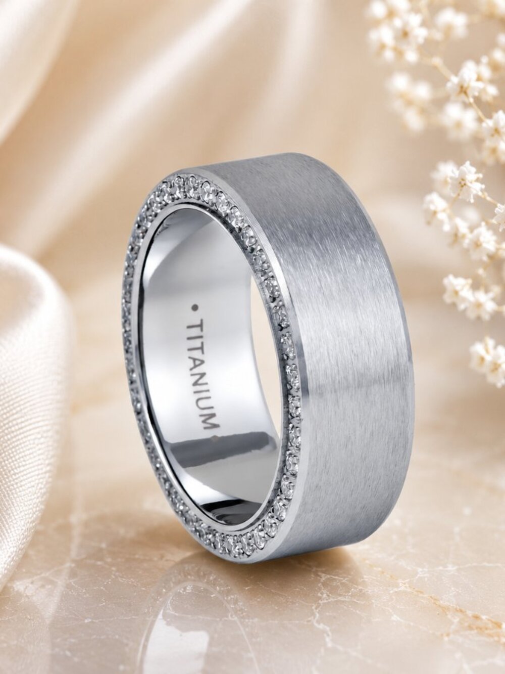 Men's Brushed Silver Titanium Ring with Side Clear CZ - GALTI041-11.5
